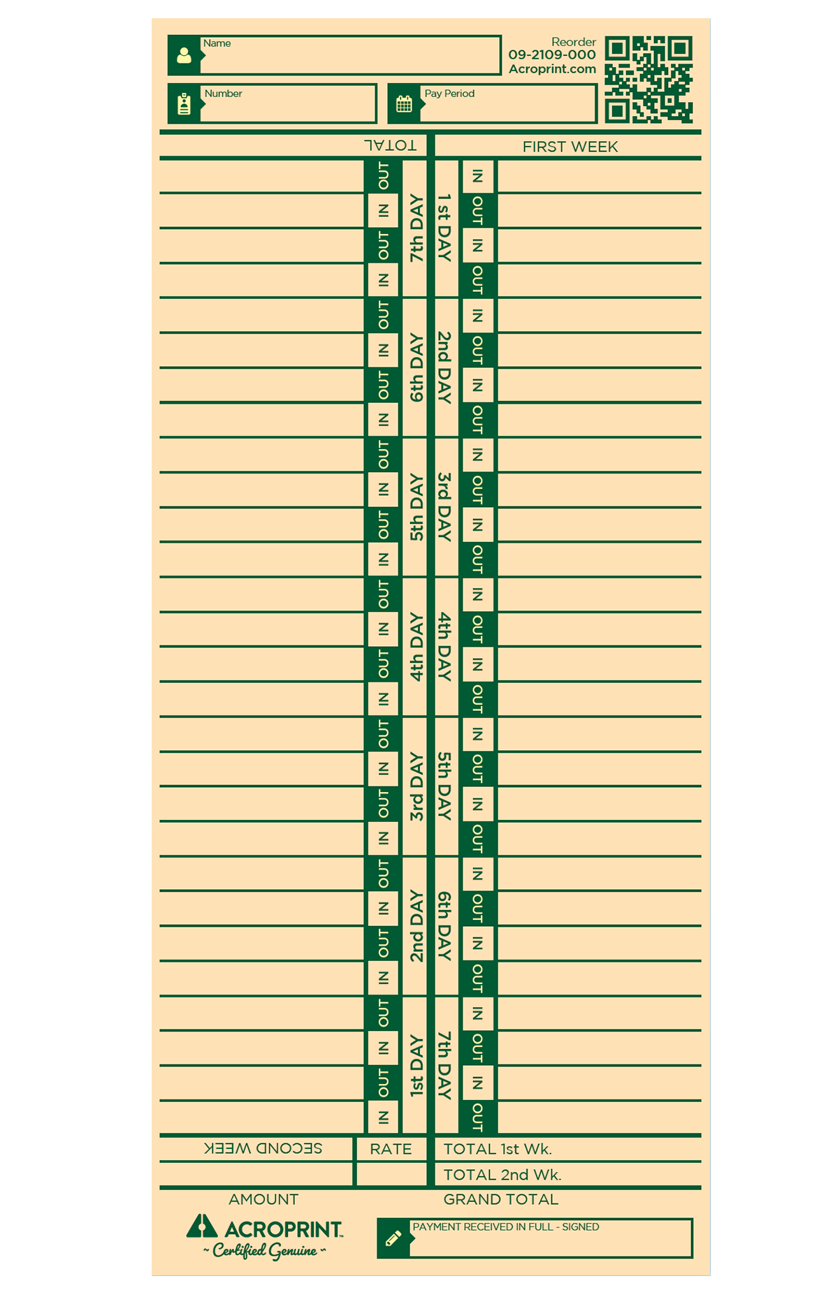 Acroprint Bi-Weekly Time Cards