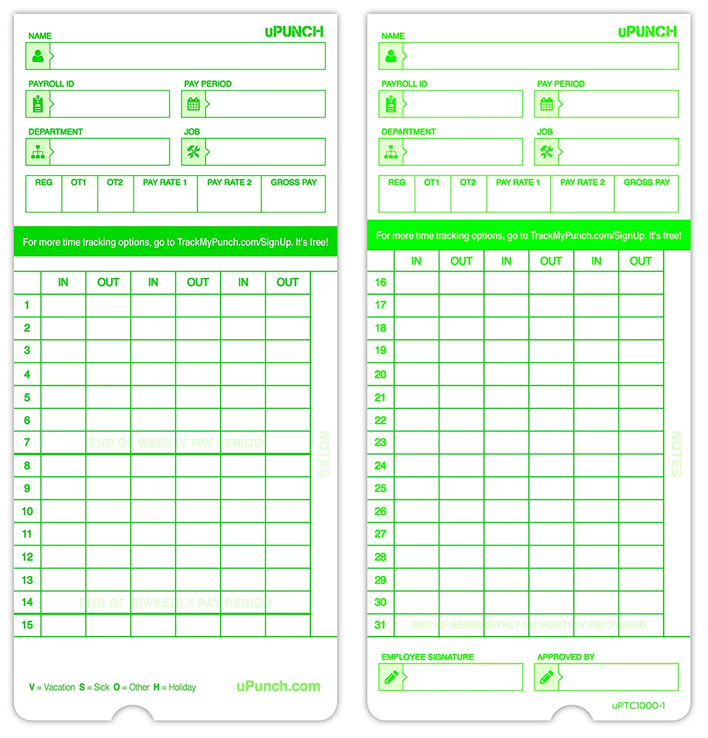 uPunch HNTCG1100 Time Cards for HN3000, 100 Pack