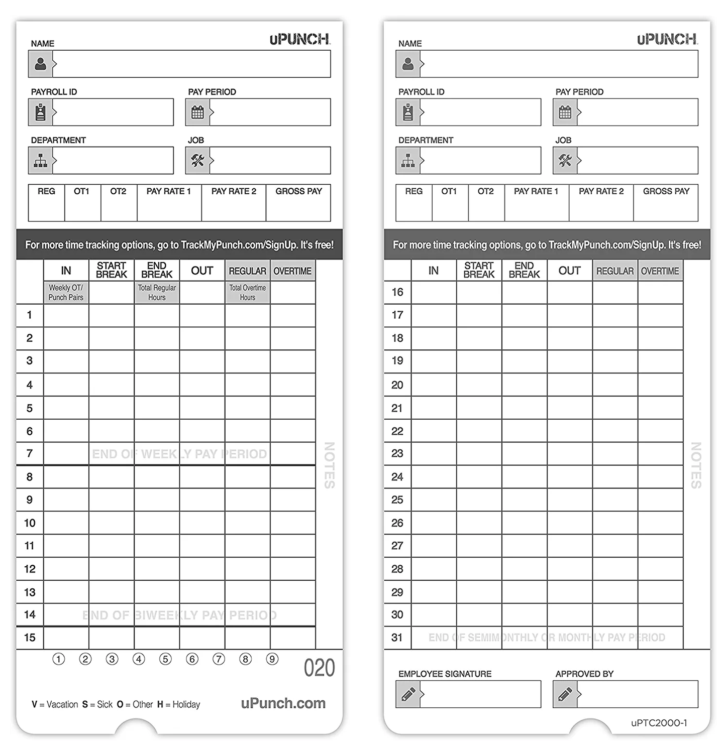 uPunch HNTCL2050 Time Cards for HN4000, 50 Pack